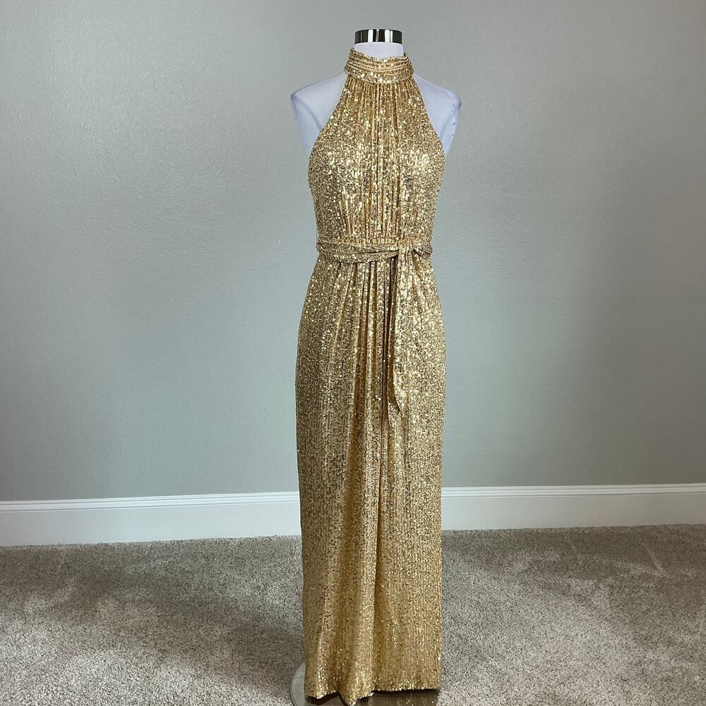 Mac Duggal 11281 Gold Sequined Evening Gown Halter Neck Column Dress Size 4 - Picture 2 of 12